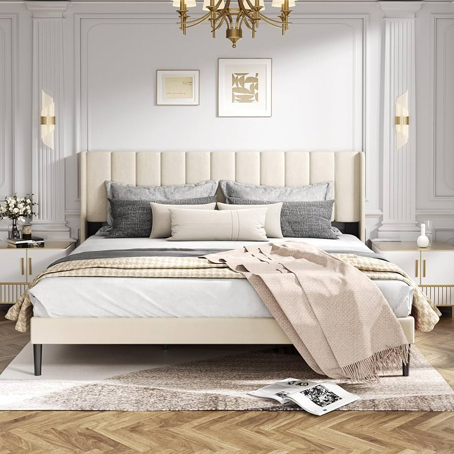 King Size Velvet Bed Frame and Vertical Chanel Tufted Headboard, Upholstered Platform Bed wtih Wingback, Strong Wooden Slats, No Box Spring Needed, Beige | Amazon (US)