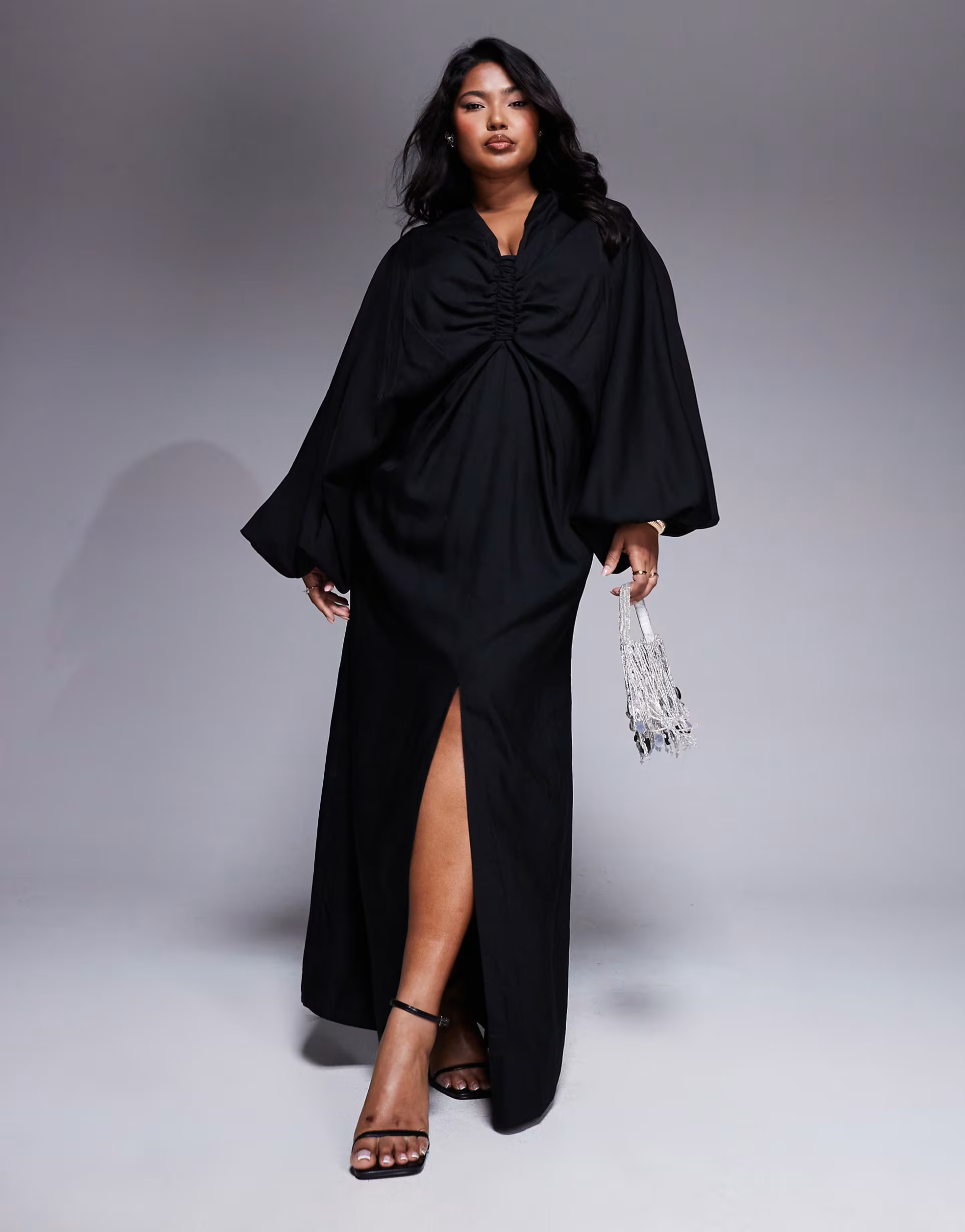 ASOS DESIGN Curve plunge elasticated maxi dress with blouson sleeve in black | ASOS (Global)