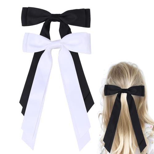 Satin Bow Hair Clips for Women, Silkly Satin Black White Hair Ribbon Bow with Long Tail Hair Accessories for Girls (Black White) | Amazon (US)