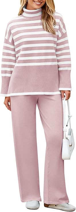 Pink Queen Lounge Sets For Women Two Pieces Long Sleeve Striped Sweater and Wide Leg Pants Tracks... | Amazon (US)