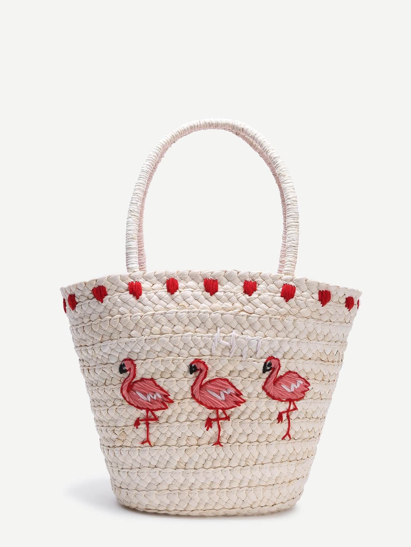 Beige Bird Pattern Straw Tote Bag | SHEIN