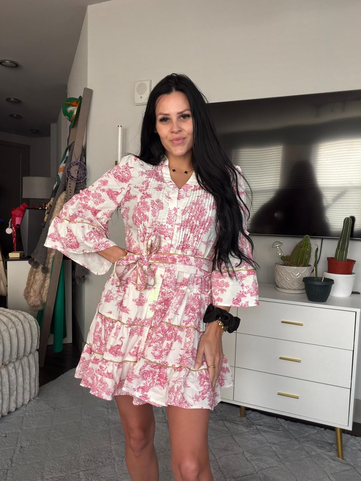 Pink and white toile. This charming long-sleeve mini dress features a tiered ruffle skirt and a waist-cinching tie for the perfect feminine summer look. #ToileDress #PinkAesthetic #LTKunder100 

 #LTKSpringSale #LTKdayinmylife #LTKgrwm