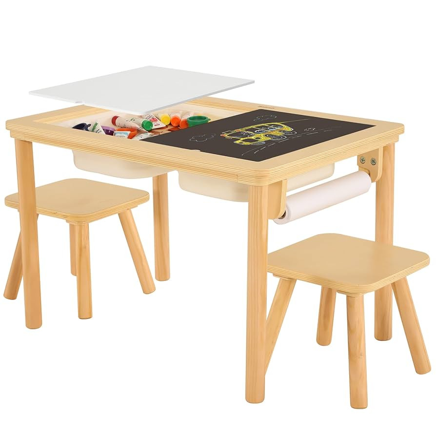 Sensory Table for Toddlers 1-3 with 2 Chairs & Roll Paper, Wooden Kid Activity Table Chair Set wi... | Amazon (US)