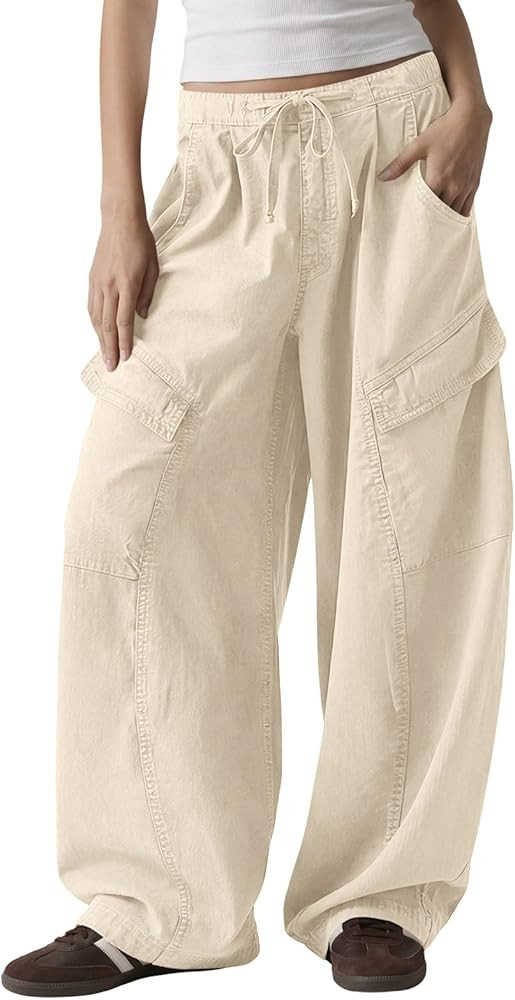 Fisoew Womens Barrel Baggy Cargo Pants Elastic Waist Wide Leg Casual Pants Y2K Streetwear with Mu... | Amazon (US)