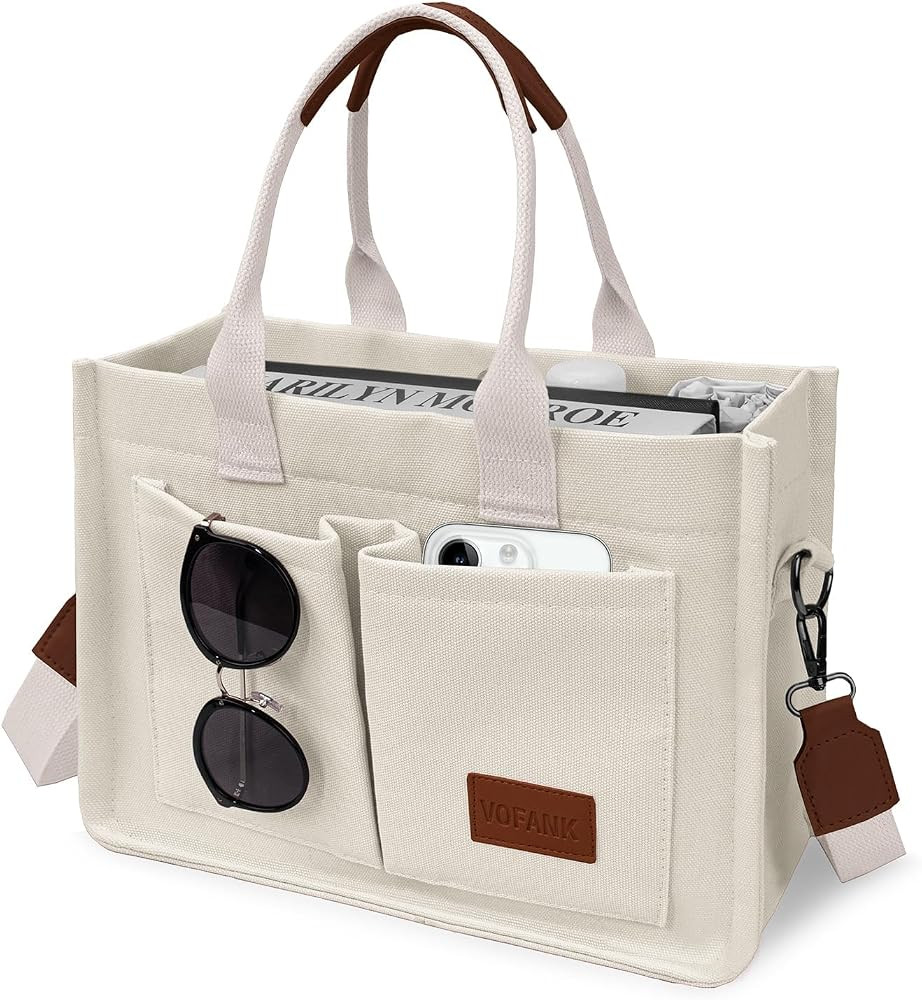 VOFANK Canvas Tote Bag for Women with Pockets Large Crossbody Bag Satchel Bag Handbag Everything ... | Amazon (US)
