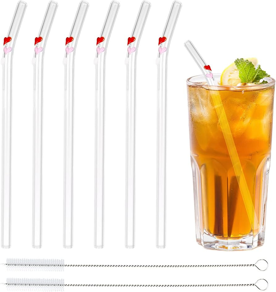6 PCS Glass Straws Reusable Bent Straws Design with Colorful Heart, Coffee Straw Glass with 2 Cle... | Amazon (UK)