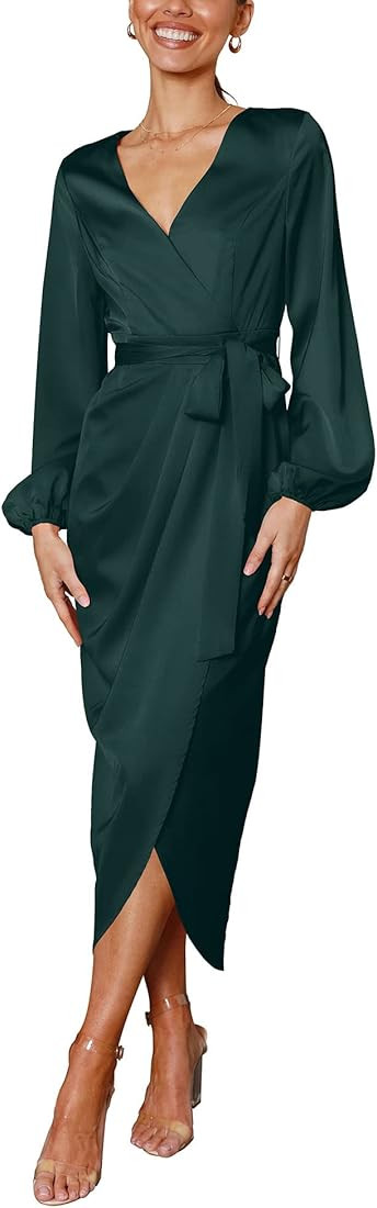 Women Satin Dress Deep V-Neck Long Sleeve Tie Waist Split Midi Dresses | Amazon (US)