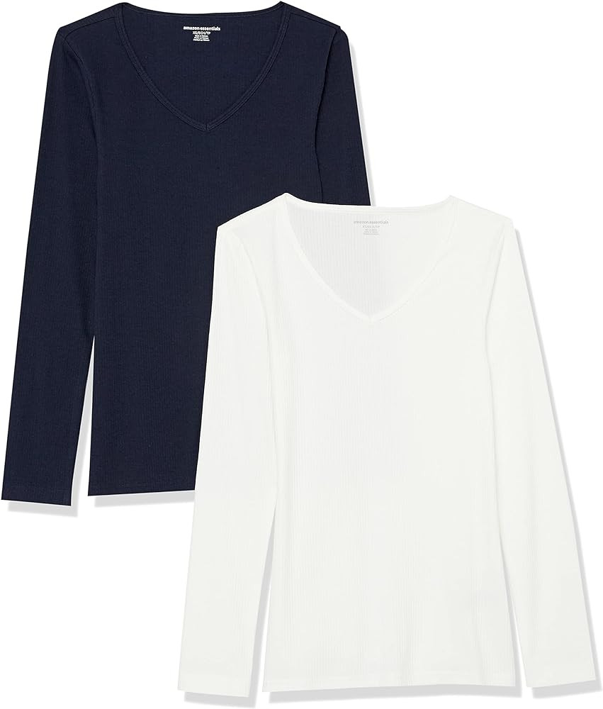 Amazon.com: Amazon Essentials Women's Slim-Fit Layering Long Sleeve Knit Rib V-Neck Shirts (Avail... | Amazon (US)