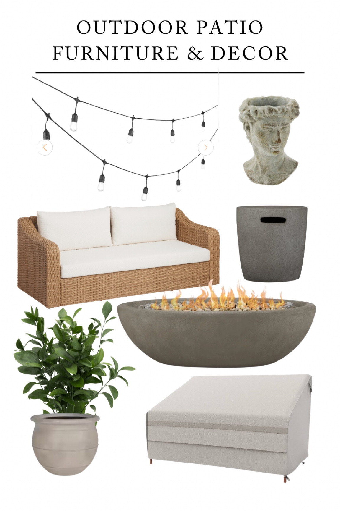 Outdoor Patio Furniture & Decor. Firepit, outdoor couch, outdoor furniture covers