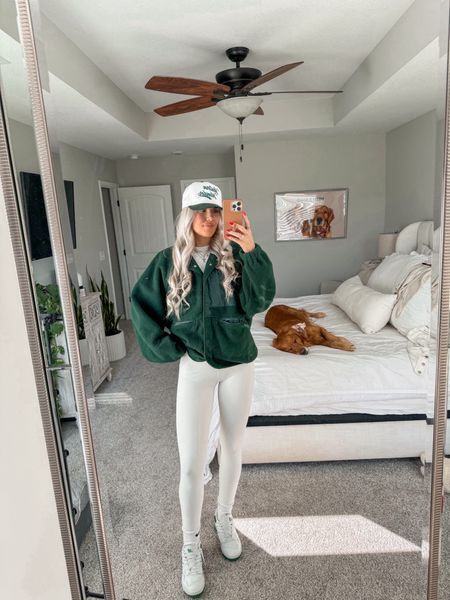 size small in leggings and size large in sherpa button up. size small in white tee. sneakers run true to size. hat is sold out so linked similar 💚 

#LTKSeasonal #LTKshoecrush #LTKstyletip