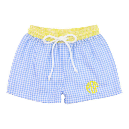 Blue And Yellow Seersucker Swim Trunks- Shipping Mid May | Cecil and Lou