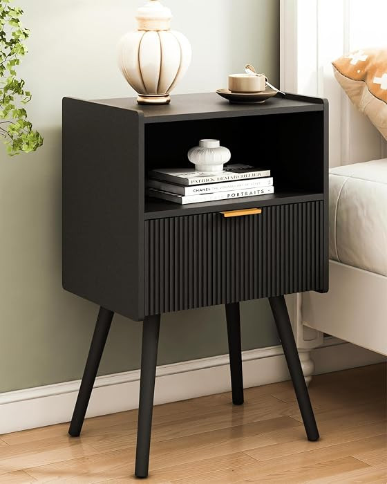 Black Nightstand,Modern Bedside Table with Storage Drawer and Open Wood Shelf, for Living Room, Bedroom and Small Spaces, Accent Night Stand with Solid Wood Legs, Easy Assembly,Classic Black | Amazon (US)