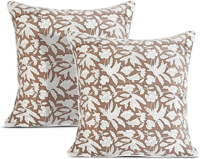 Ridhi Block Print Oak Brown Pillow Cover 20" x 20" (Pack of 2) Decorative Couch Pillows for Livin... | Amazon (US)