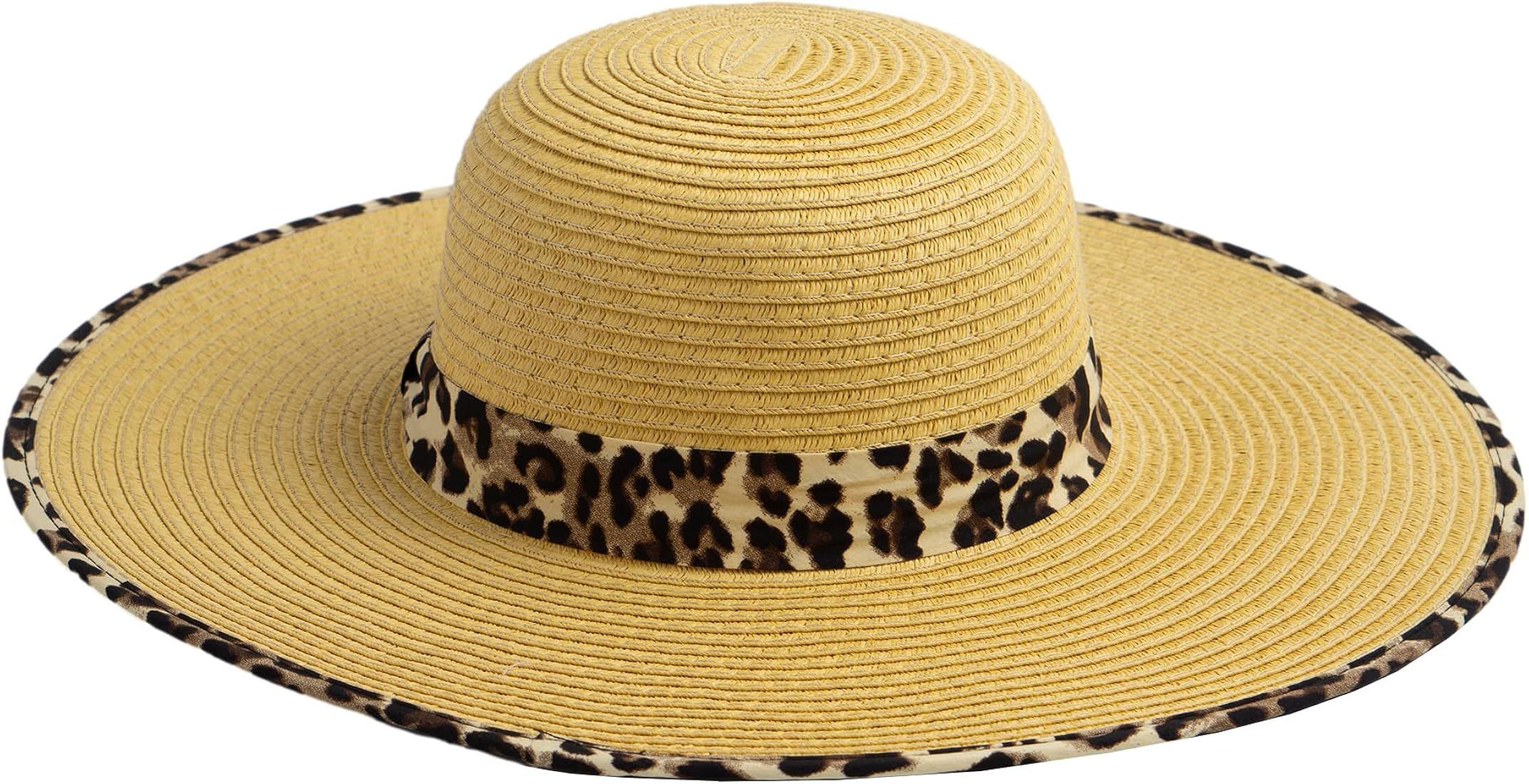CC Women's Straw Brim Sun Hat with Leopard Pattern, Lt Brown | Amazon (US)
