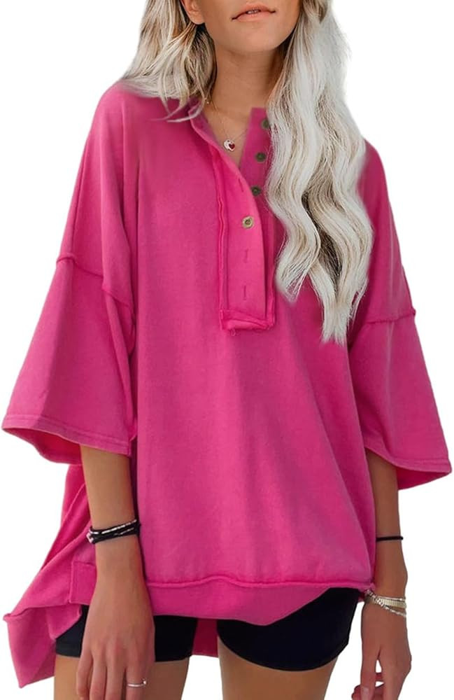 SHEWIN Women's Fashion Oversized T Shirts Casual Short Sleeve Reverse Seam Summer Tops Tees | Amazon (US)