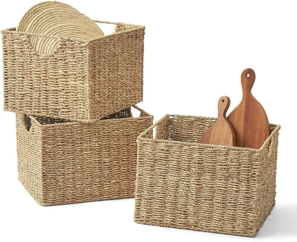 Artera Home 3-Piece Wicker Cube Storage Baskets, 13" x 11" x 9", Beige | Amazon (US)