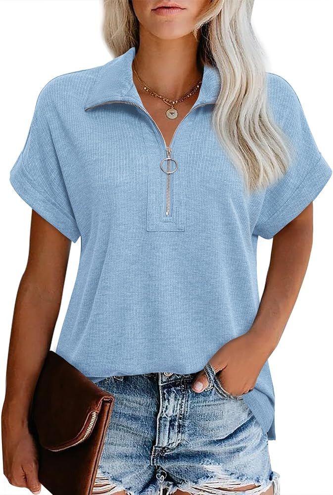 Vivilli Women's Short Sleeve Tops and Blouses Zipper Collar V Neck Business Casual Tops Loose Fit... | Amazon (US)