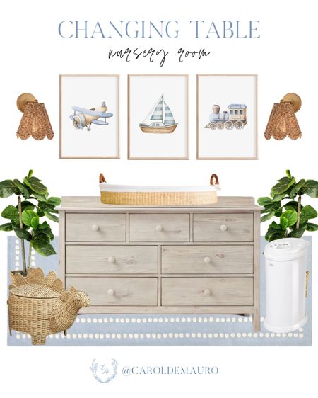 Transform your nursery with a stylish changing table setup: wooden dresser, faux plants, wall decor, rattan lamps and more!
#designtips #babyroom #interiordesign #homedecor

#LTKSeasonal #LTKStyleTip #LTKHome