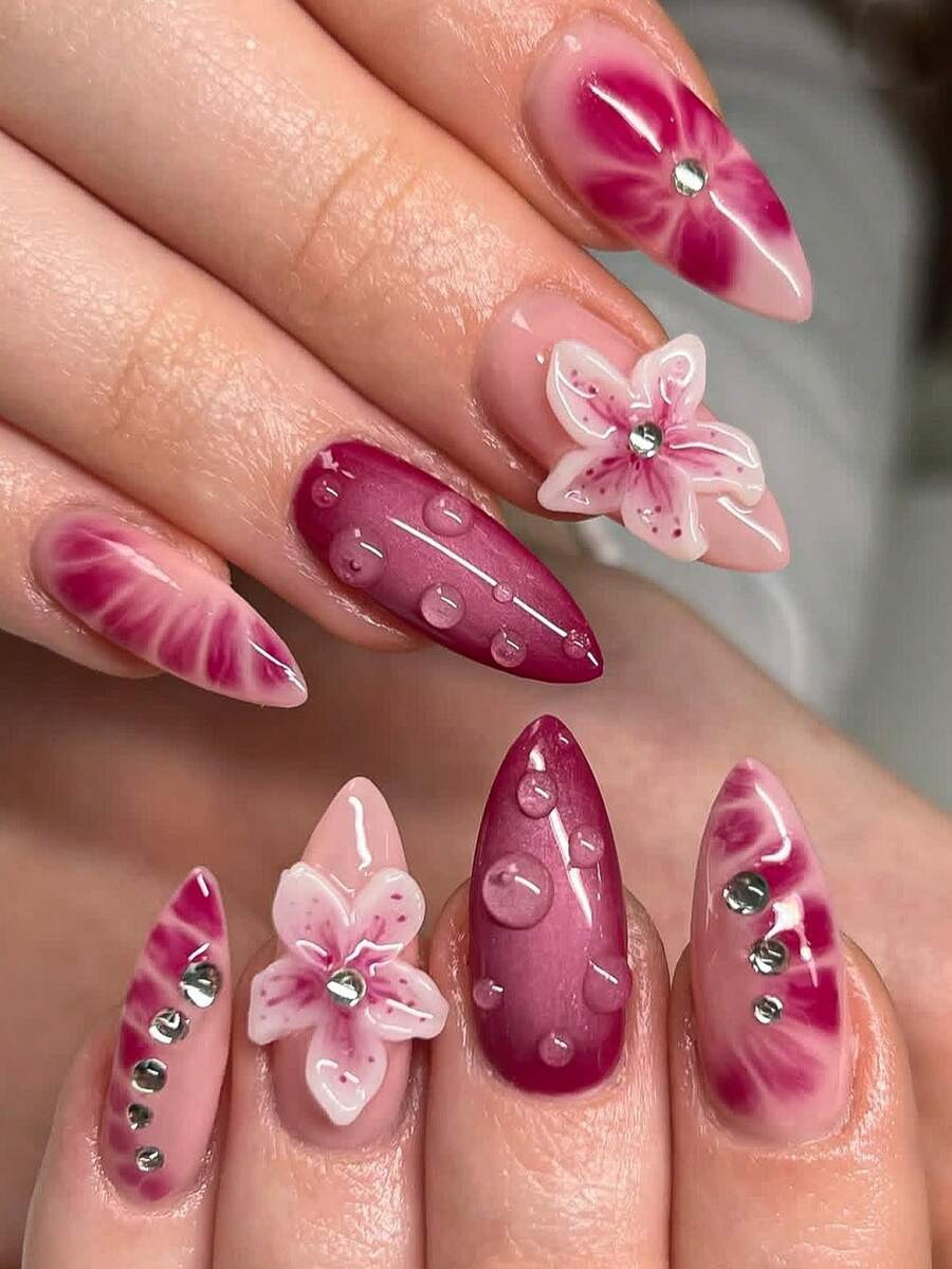 24pcs Handmade Medium-Length Almond Press On Nails Rose Red Full Cover With 3D Handmade Art Flowe... | SHEIN