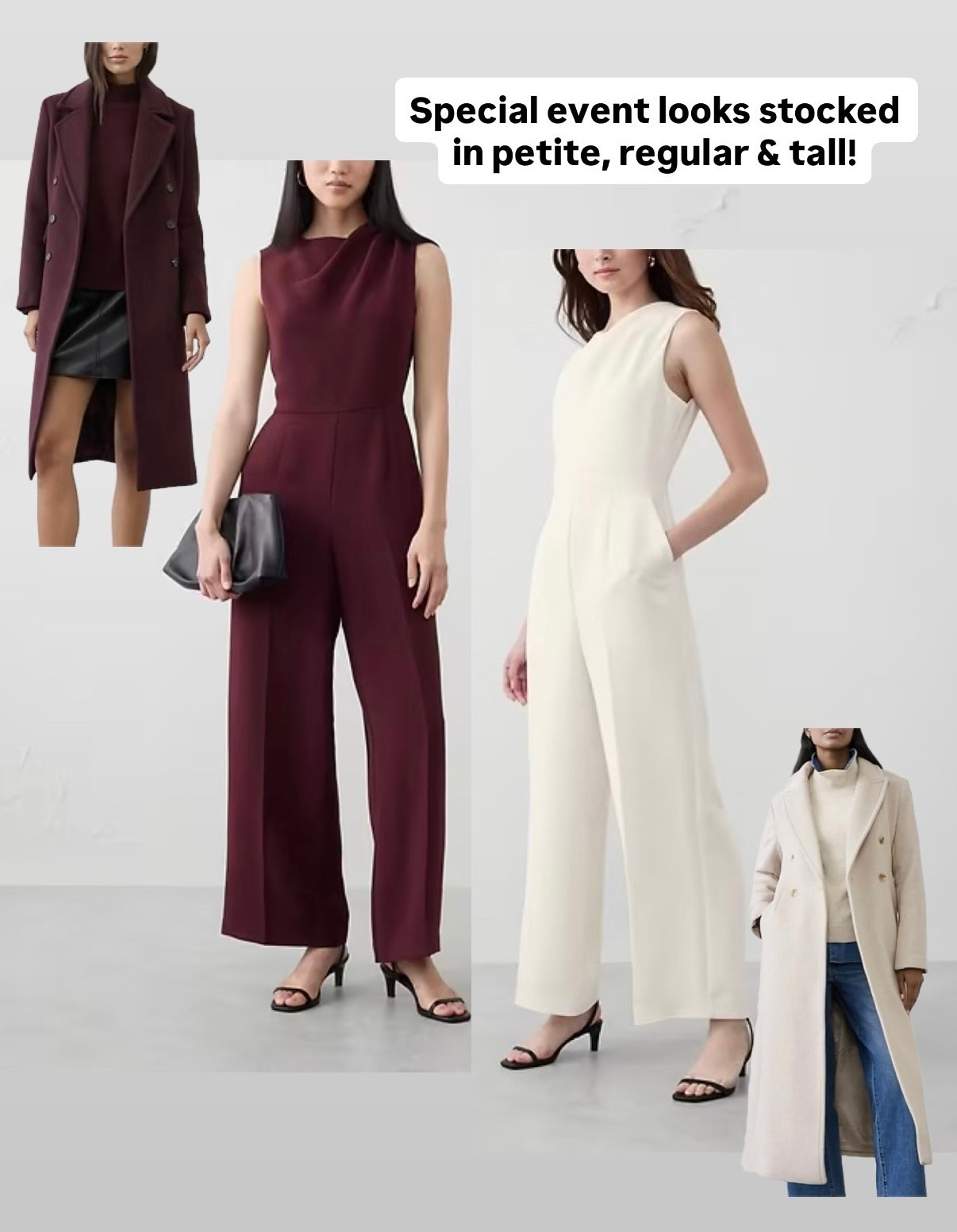 Back in stock in 2 colors and on sale! Petite runs a little short in the torso. I can wear xXS petite with flats 

Classy and affordable petite-friendly jumpsuit for holiday 

• BR Factory jumpsuit - crepe material that feels elevated for the price point. Zipper on the back. 

00P is 16” across chest, 12.6” across waist, 28” inseam 

00 Petite is fitted on me in the torso and is just right at the torso to crotch length for me (I’m 5 feet tall) so I feel it runs a little short. someone who has a long torso or who is taller might want to try regular sizing

Fall / winter wedding , burgundy cream ivory jumpsuit Holiday parties, Christmas photos, NYE New Year’s Eve

#LTKFindsUnder100 #LTKPetite #LTKParties