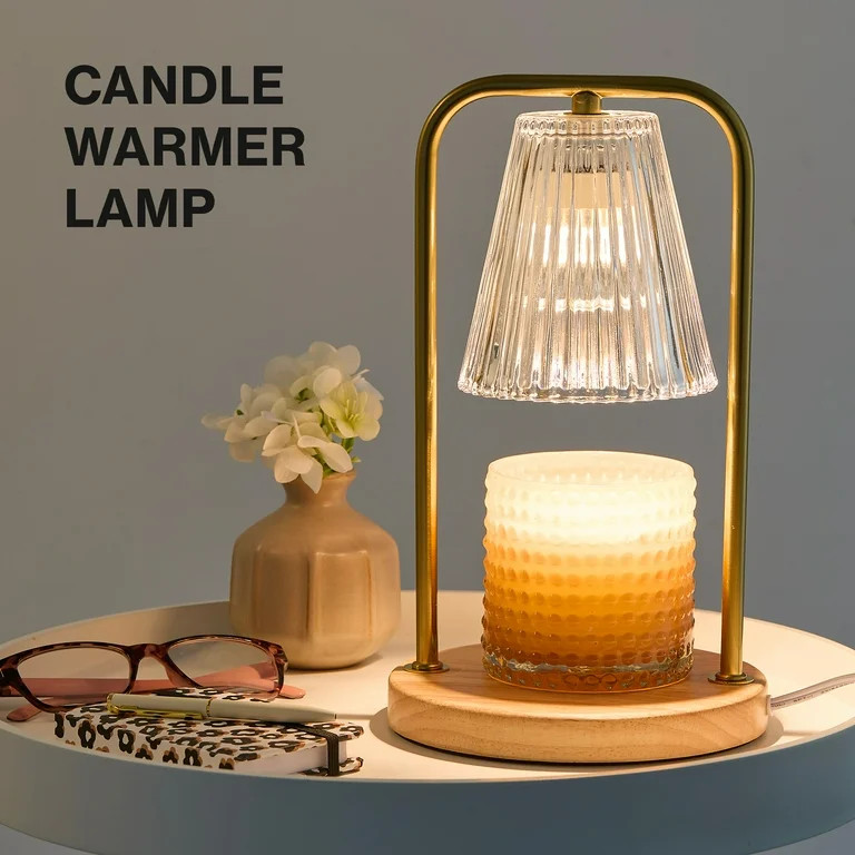 Better Homes & Gardens Candle Warmer Lamp with Clear Glass Shade, Gold Pole and Wood Base | Walmart (US)