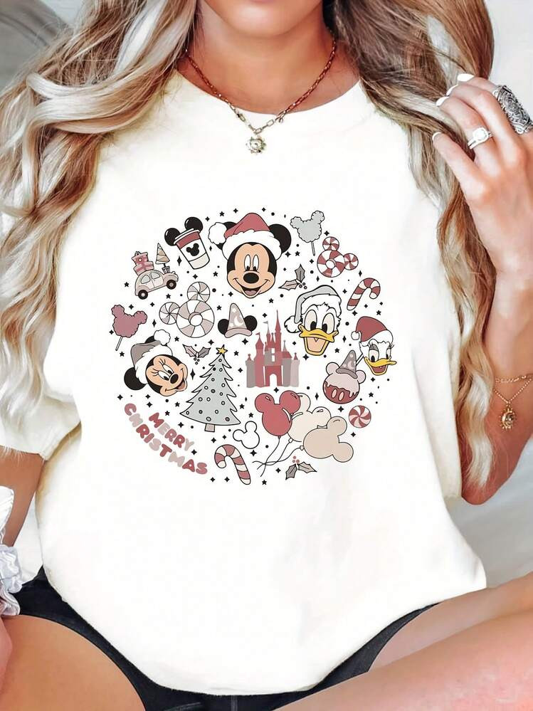 Disney Disney Christmas Mickey Graphic T-Shirt, Cute Mickey Fall Machine-Washable Disney Casual S... | SHEIN