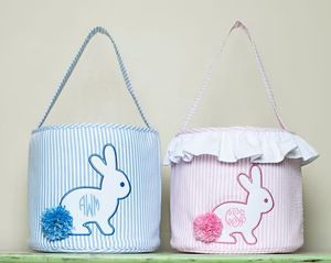 Bunny Applique Pink Seersucker Easter Basket | Smockingbird Kids