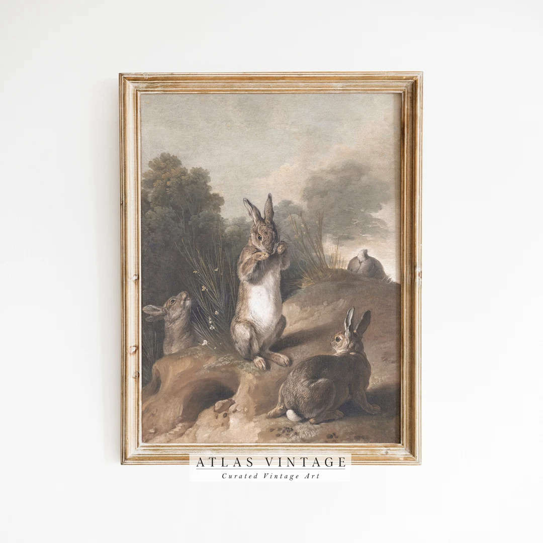 Vintage Easter Bunny Print, Antique Spring Rabbit Oil Painting, Neutral Rustic Farmhouse Décor D... | Etsy (US)