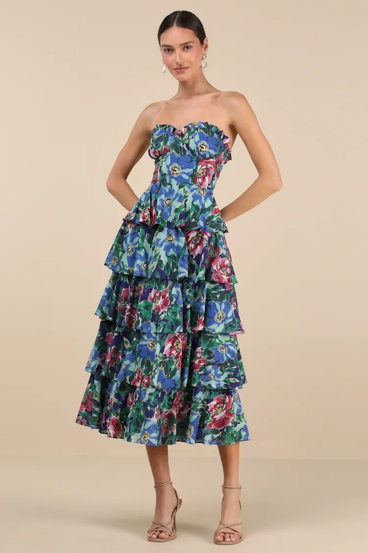 Nayha Blue Multi Floral Strapless Tiered Midi Dress | Lulus