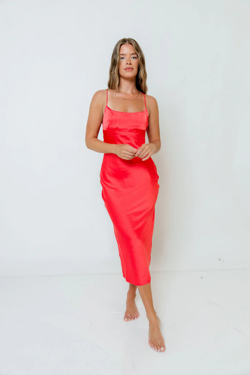 Malika Midi Dress in Coral Red | Worth Collective
