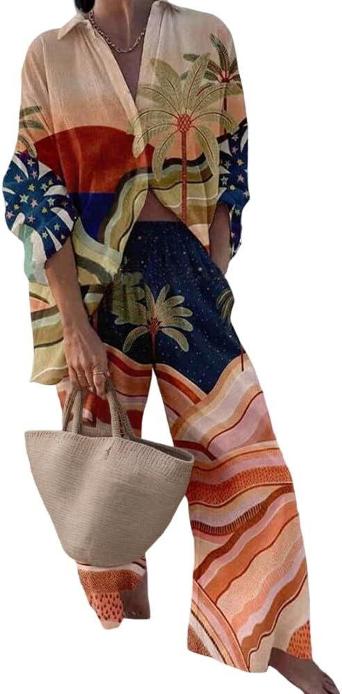 Akivide Womens Beach Vacation 2 Piece Outfits Long Sleeve Button Down Shirts and Matching Drawstr... | Amazon (US)