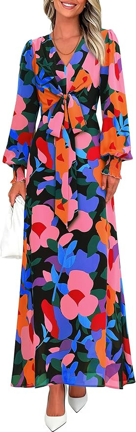 PRETTYGARDEN Women's 2026 Spring Wedding Guest Dresses Floral Long Sleeve V Neck Belted Long Flow... | Amazon (US)