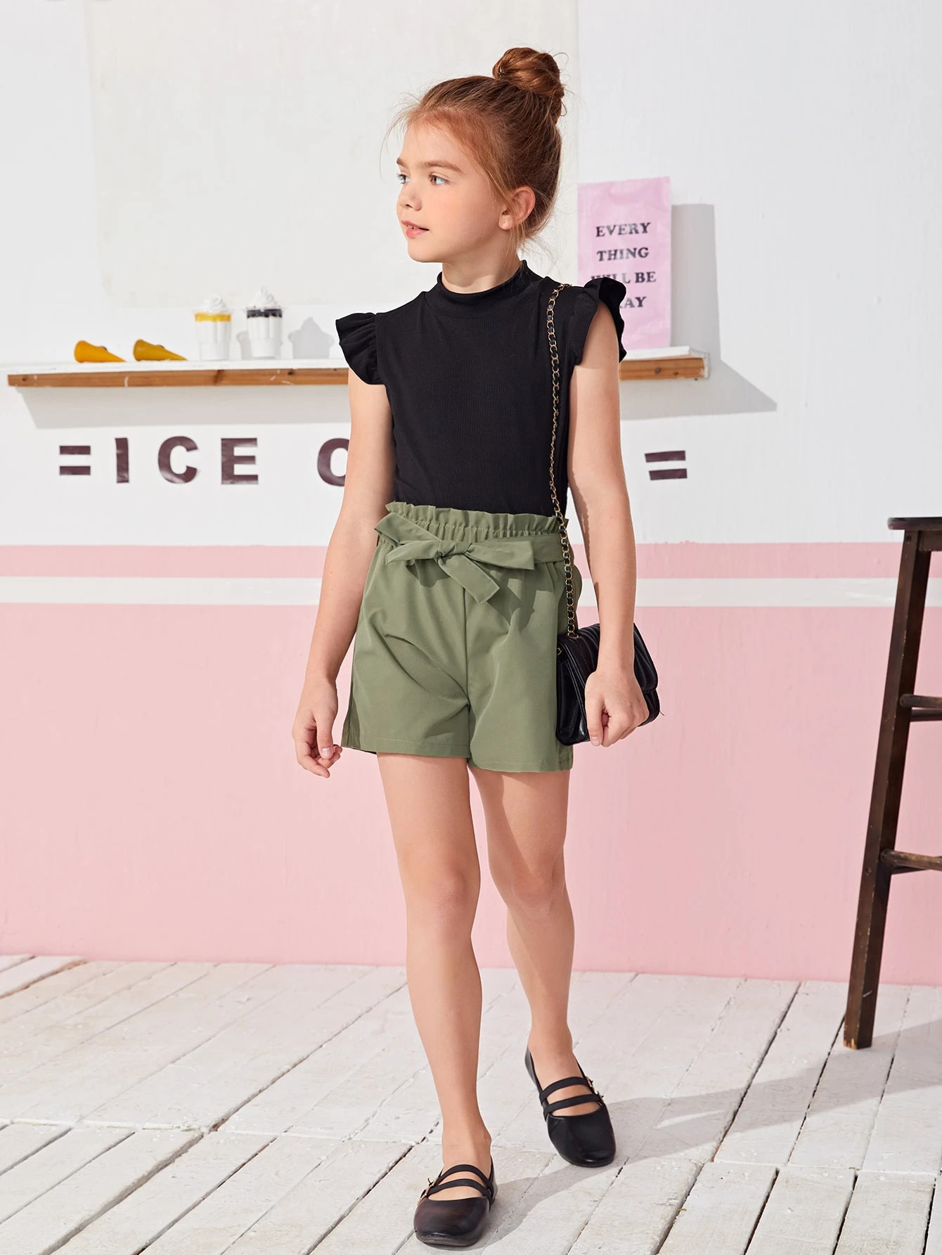 Girls Ruffle Trim Top & Paperbag Waist Belted Shorts | SHEIN