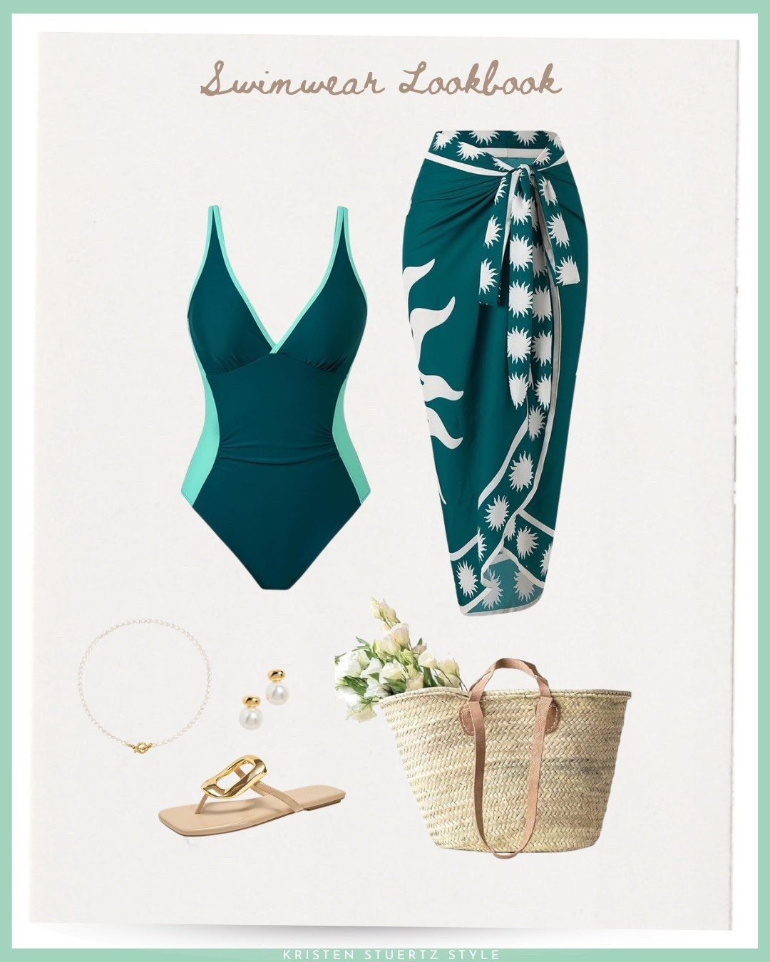 A flattering one piece with light green side panels which help create an hourglass figure. It’s paired with a matching wrap skirt, French market tote bag, gold sandals, and matching accessories.

#french basket #sandals #bathing suit #swimwear #resort wear 

#LTKOver40 #LTKSwim #LTKTravel

#LTKSeasonal