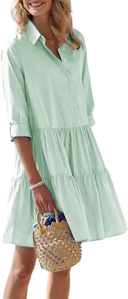 chouyatou Women's Striped Button Down Shirt Dress Loose Casual Cuffed Sleeve Tiered Mini Tunic Dr... | Amazon (US)