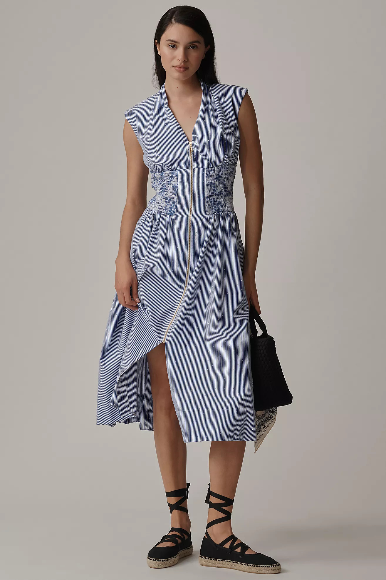 The Tommie Cap-Sleeve Smocked Front-Zip Shirt Dress: Shine Edition | Anthropologie (US)