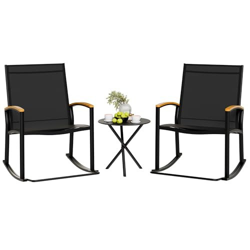 Shintenchi 3 Piece Outdoor Rocking Bistro Set, Textilene Fabric Small Patio Furniture Set, Front Porch Rocker Chairs Conversation Set with Table for Lawn, Garden, Balcony, Poolside (Black) | Amazon (US)
