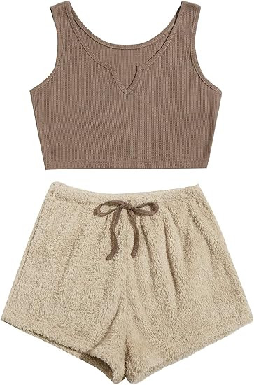 Verdusa Women's 2 Piece PJ Set Notched Tank Top & Teddy Shorts Fuzzy Lounge Pajama Set | Amazon (US)