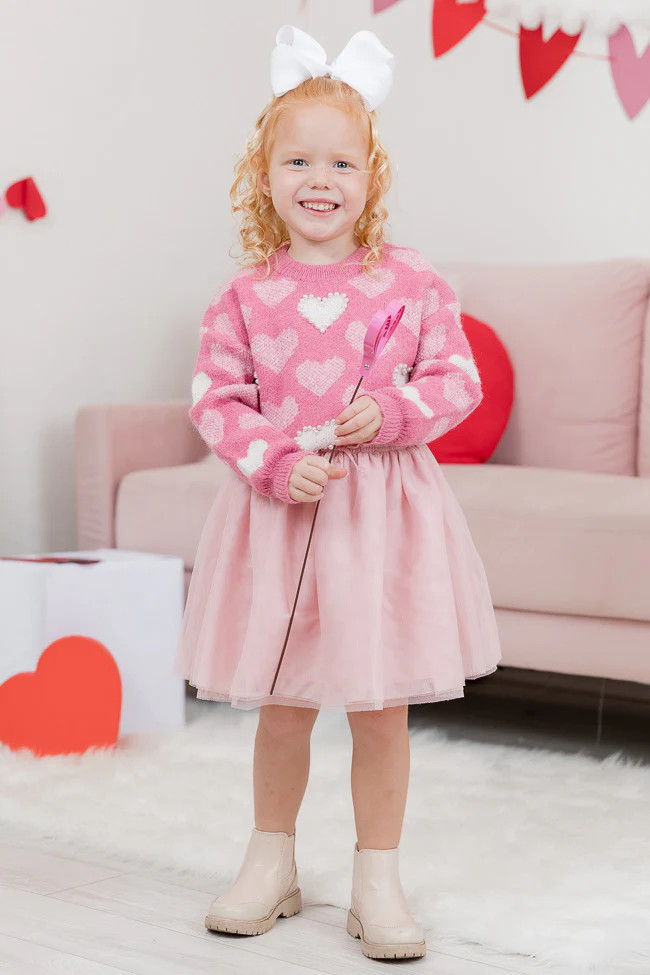 Kid's That Loving Feeling Pink Heart Pearl Detail Sweater | Pink Lily
