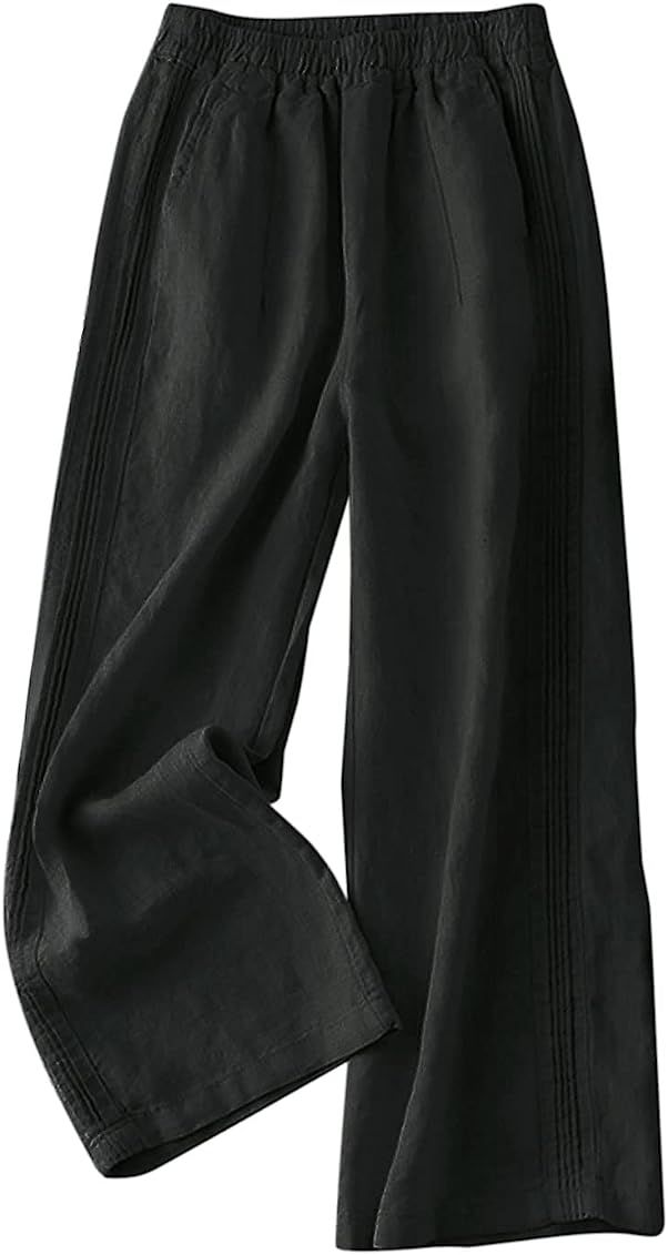 IXIMO Women's Linen Pants Elastic Pleated Wide Leg Straight Fit Palazzo Pants | Amazon (US)