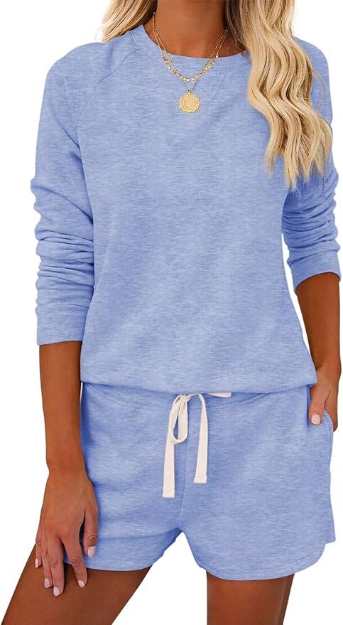 Saslax Women's Pajama Set Long Sleeve Tops and Shorts PJ Set Sleepwear Night Shirt Loungewear wit... | Amazon (US)