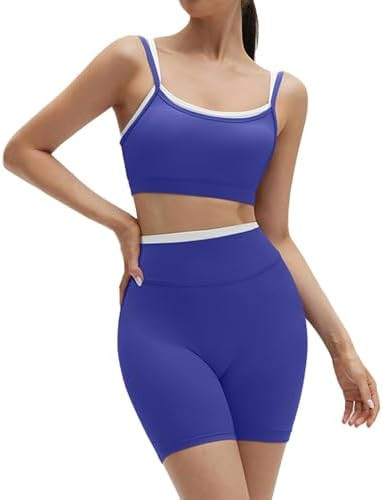 SUUKSESS Women 2 Pieces Workout Sets Padded Spaghetti Straps Camis High Waist Biker Shorts | Amazon (US)