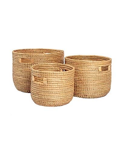 Woven Seagrass And Rattan Basket, Set of Three Round Large Wicker Basket for Toy Storage, Throw Blan | Amazon (US)