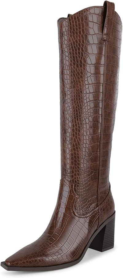 ISNOM Women's Western Boots Knee High Boots, Cowboy Cowgirl Embroidered Chunky Block Heel Pointed... | Amazon (US)