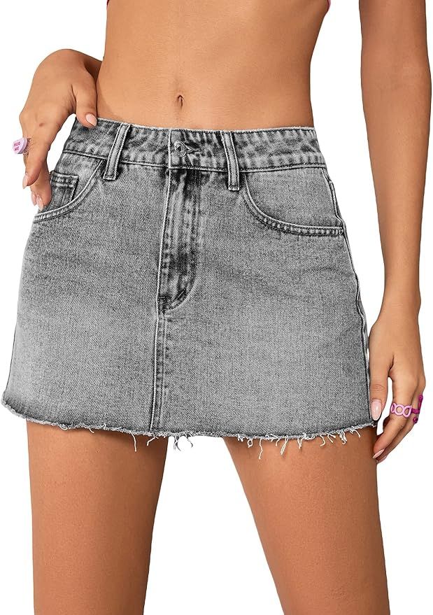 Cozyease Women's Single Button Front Raw Hem Plain Denim Mini Skirt with Pockets | Amazon (US)