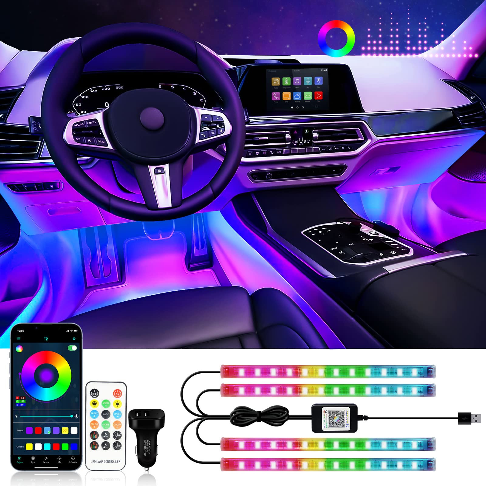 RGB Interior Car Strip Lights with Smart APP Control, Music Sync Under Dash Footwell Neon Interna... | Amazon (US)