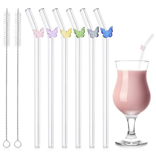 DUMING-IN 6 Pcs Reusable Glass Straws with 2 Cleaning Brushes, Cute Colorful Butterfly Glass Straws Shatter Resistant, Reusable Straws Dishwasher Safe for Juices, Smoothies, Milkshakes, Teas | Amazon (US)