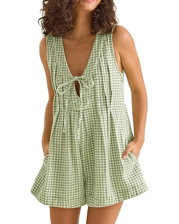 Womens Patterned Sleeveless Romper Deep V-Neck Tie Front Overalls Jumpsuit for Summer Beach Vacat... | Amazon (US)