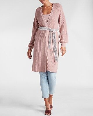 Ribbed Sequin Belted Duster Cardigan | Express