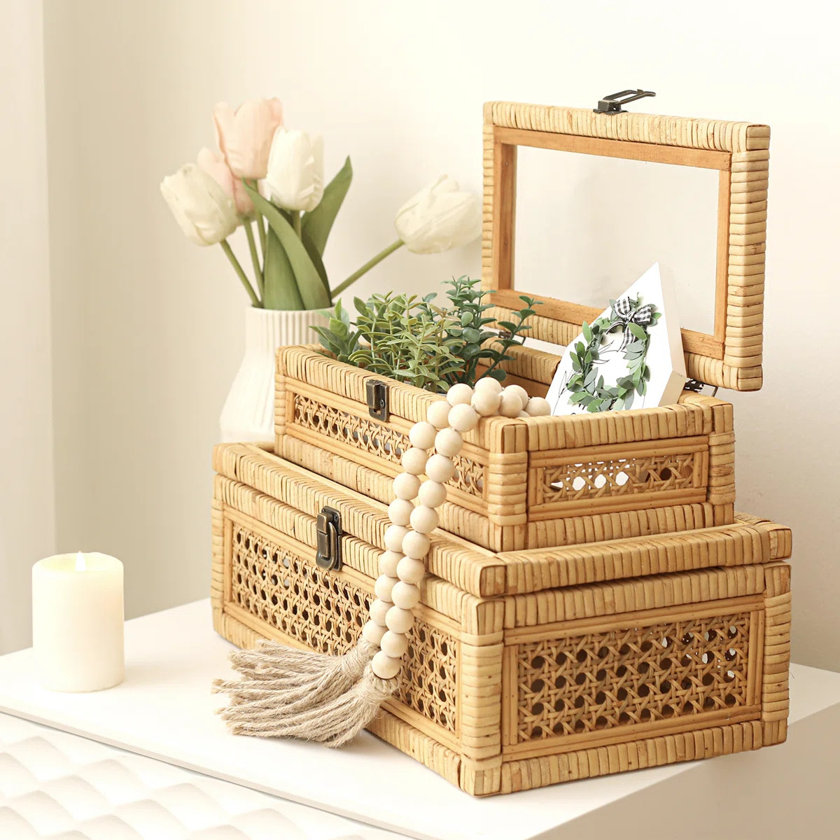 Rattan Decorative Boxes With Glass Top, Set Of 2 | Wayfair North America